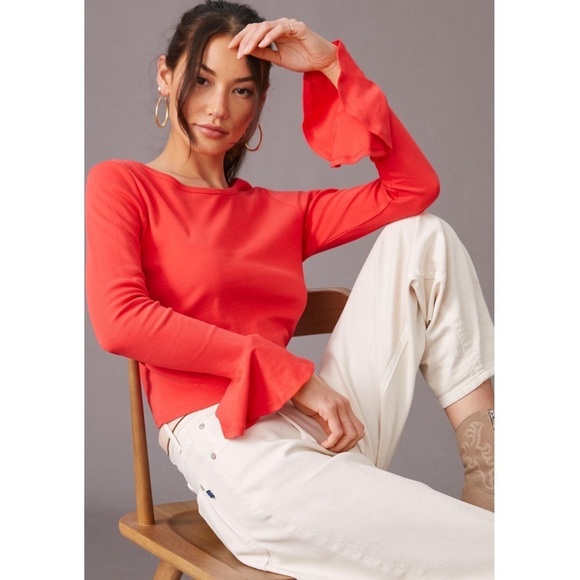 𝅺Anthropologie Maeve Flouncy Top New NWT Red orange color blouse long sleeve - Picture 1 of 6